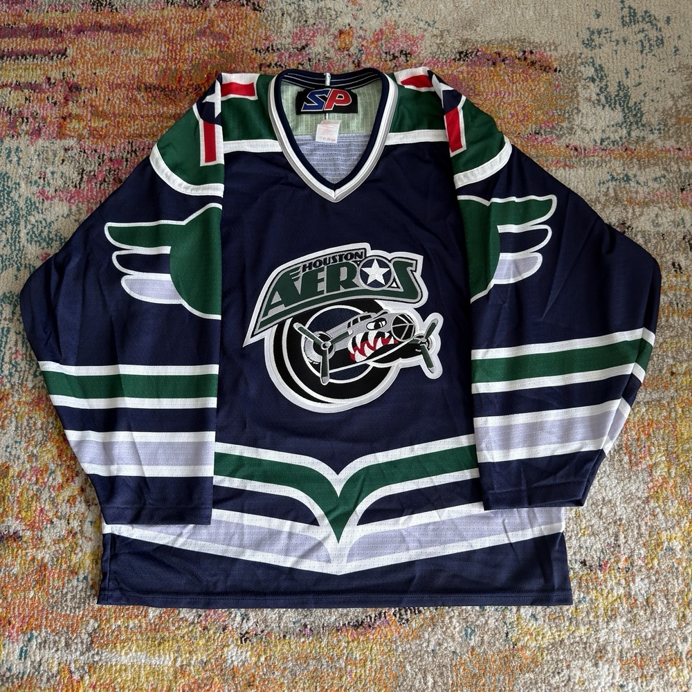 Vintage SP Houston Aeros AHL Hockey Jersey Medium Navy Green Fighter Plane
